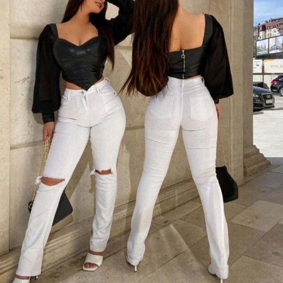 White High Waist Ripped Distressed Straight Leg Jeans Denim Pants - Picture 7 of 8